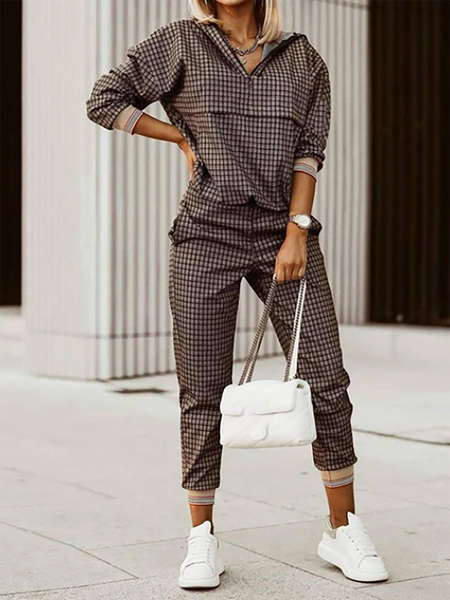 

Plus size Plaid Casual Suits, Coffee, Two-piece Outfits