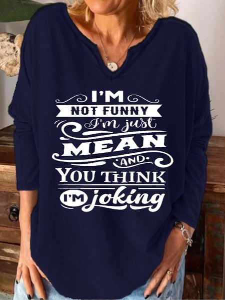 

Funny text print notched neck long sleeve shirt, Purplish blue, Hoodies&Sweatshirts
