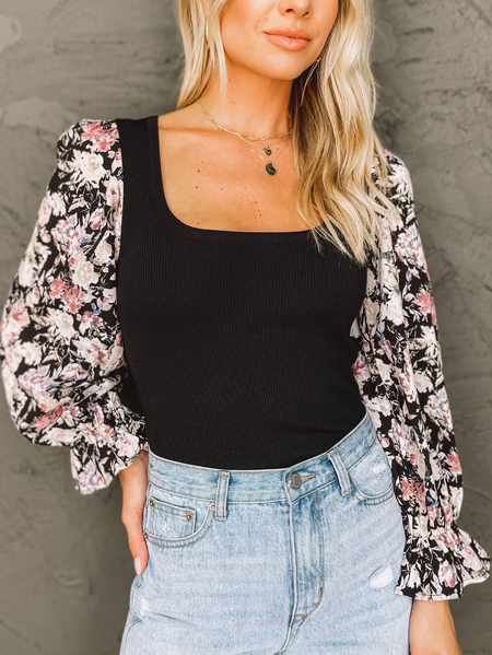 

Frill Sleeve U-Neck Sweet Shirts & Tops, Black, Long sleeve tops