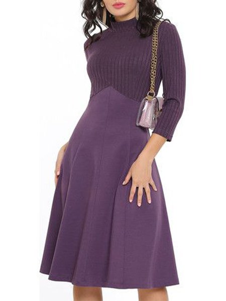 

Plain High Neck Simple Midi Dress, Purple, Midi Dresses