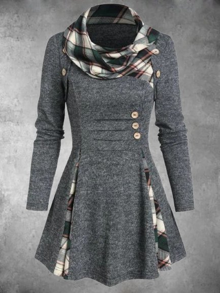 

Color-block Plaid Long Sleeves Buttoned Cowl Neck Plus Size Casual Dresses, Gray, Mini Dresses