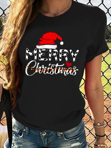

Christmas print round neck short-sleeved cotton T-shirt, Black, T-shirts