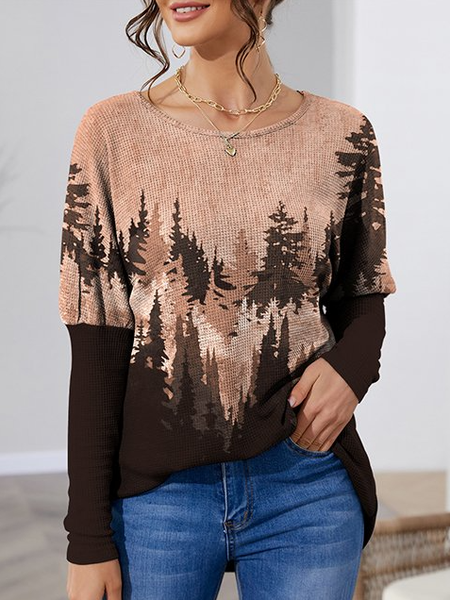 

Bishop Sleeve Loosen Sweatshirt Retro landscape pattern blouse, Deep brown, Sweatshirts & Hoodies