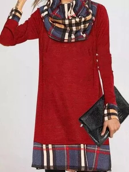 

Grid Cotton Blends Cowl Neck Casual Dresses, Red, Casual Dresses