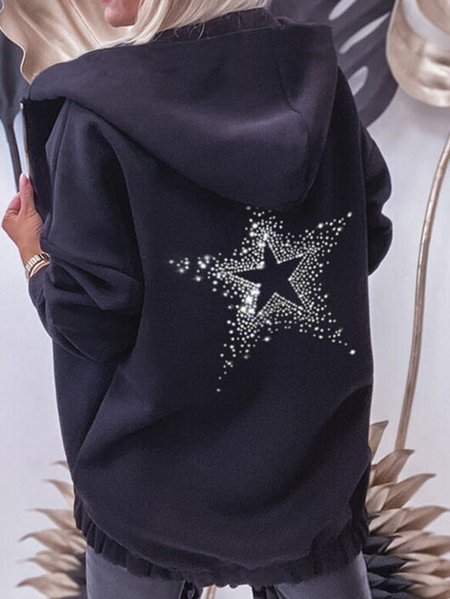 

Zipper Star Printed Loosen Casual Hooded Long Sleeve Sweatshirt, Black, Sweatshirts & Hoodies