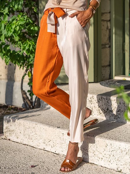 

Color Block Belted High-Waist Casual Pants, Orange, Pants