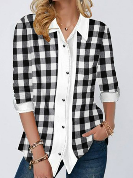 

Geometric check loose long sleeve shirt collar button up blouse blouse, Black-white, Shirts & Blouses