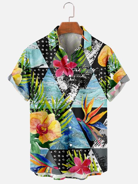 

Shirt Collar Geometric Short Sleeve Shirts, As picture, Men's Floral shirt