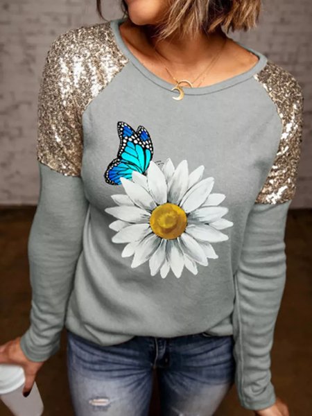 

Loosen Crew Neck Butterfly Shirts & Tops, Multicolor, Tops