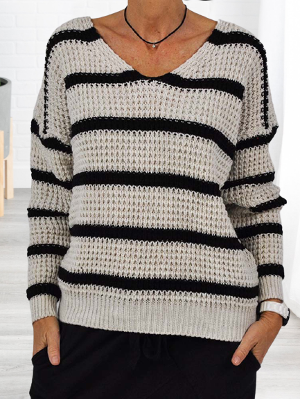 

V Neck Striped Casual Sweater, Black-white, Sweaters