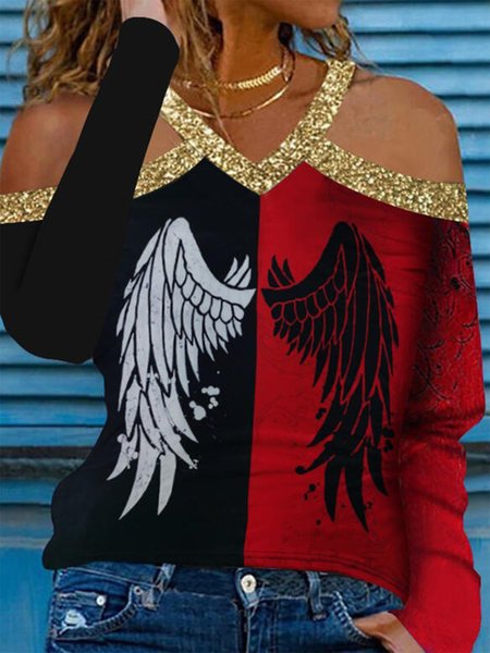 

Color-block Wings Printed Long Sleeves V Neck Plus Size Casual Tops, Black-red, T-Shirts