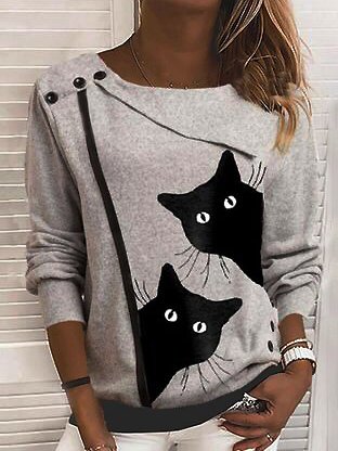 

Lapel Cotton Blends Loosen Sweatshirt, Light gray, Sweatshirts & Hoodies
