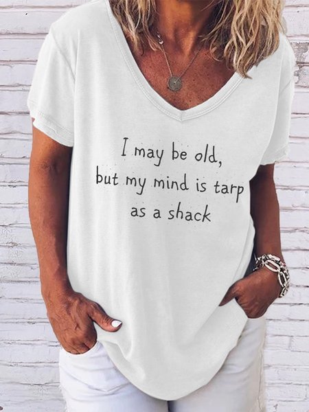 

Funny text printed V-neck short-sleeved T-shirt, White, T-shirts
