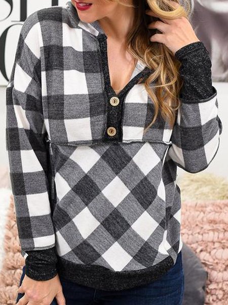 

Geometric check loose long sleeve V tie hat nail button elastic top T-shirt women, Black-white, Long sleeve tops