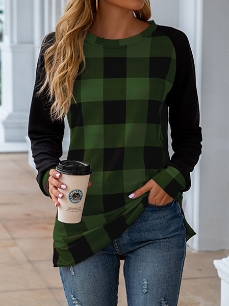 

Grid Crew Neck Shirts & Tops, Army green, T-Shirts
