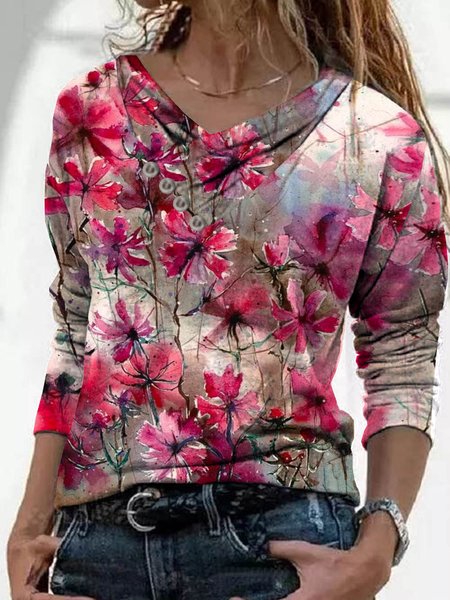 

Casual Long Sleeve V Neck Plus Size Printed Tops T-shirts, Rose red, Tops