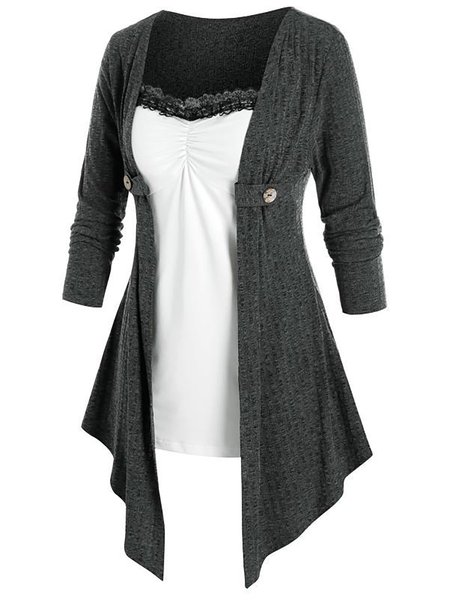

Lace Square Neck Solid Regular Fit Sweet Lady Long Sleeves Tops, Gray, Tops