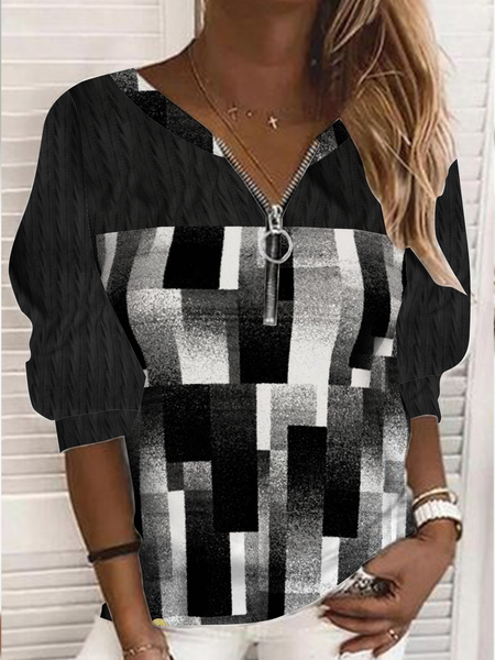 

Geometric check stitching twist pattern loose long sleeve V-neck elastic zipper top women's T-shirt, Black, Long sleeve tops