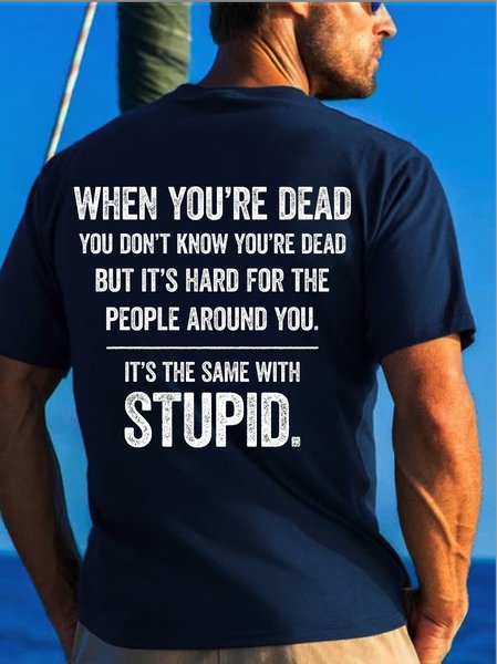 

Funny text print round neck short-sleeved cotton T-shirt, Purplish blue, T-shirts