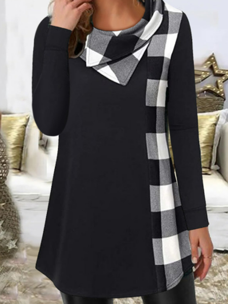 

Geometric solid color mosaic Plaid loose Lapel top T-shirt women, Black-white, Long sleeve tops
