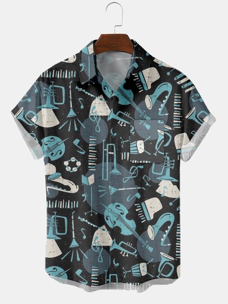 

Music Short Sleeve Street Shirts & Tops, Blue, Men's Floral shirt