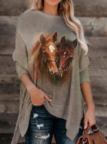 

Horse Printed Vintage Batwing Long Sleeve T-shirt, Khaki, Long sleeve tops