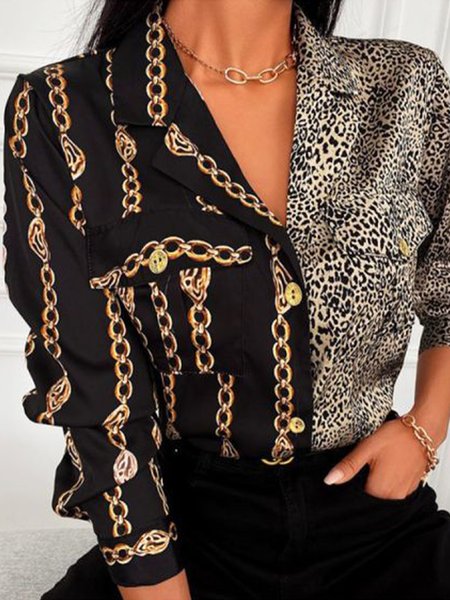 

Elegant Printed Leopard Shirt Collar Top, As picture, Blouses and Shirts