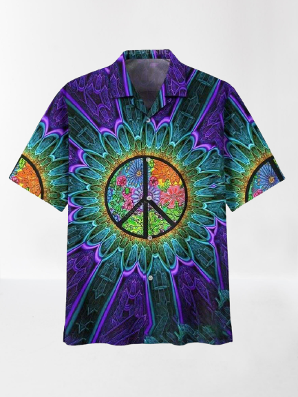 

Mens Peace&Love Print Casual Breathable Short Sleeve Hawaiian Shirts, Blue, Men's Floral shirt