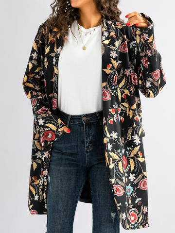 

Cotton blended long sleeve round neck full lining cardigan coat, Black, Outerwear