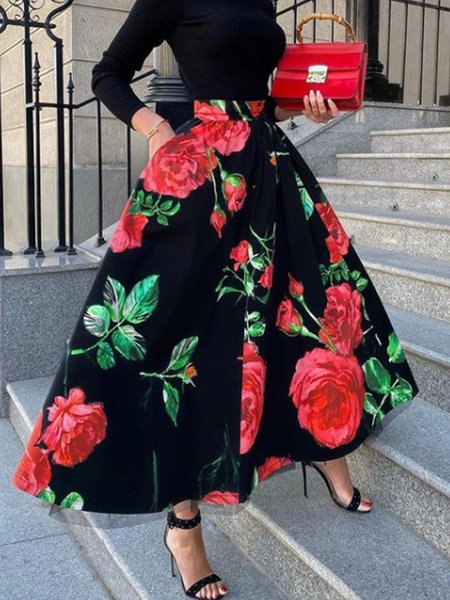 

Lady Regular Fit Floral Skirt, Black, Maxi Skirts