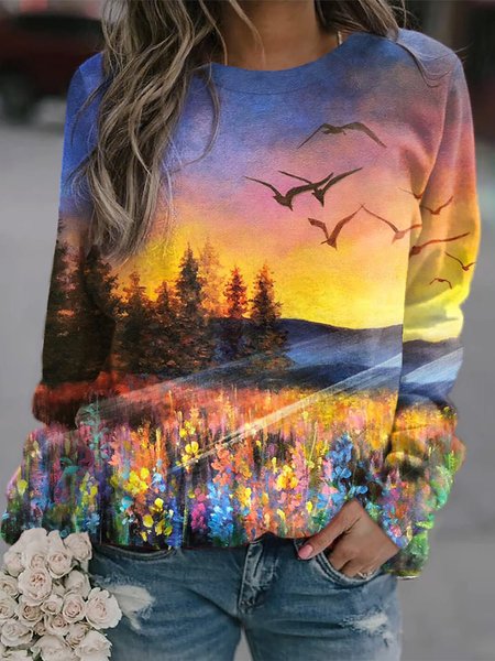 

Landscape Print Cotton Blends Sweatshirt, Multicolor, Sweatshirts & Hoodies