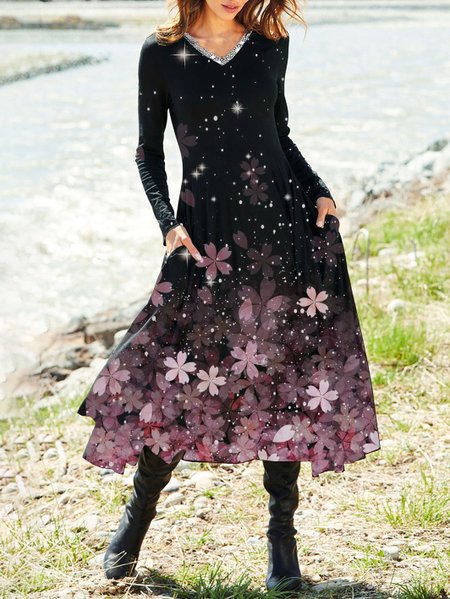 

Casual V Neck Cotton Blends Dresses, Black, Floral Dresses