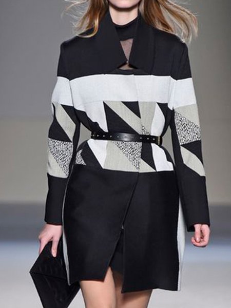 

Geometric Flat Collar Basics Simple Outerwear, Black, Coats