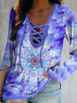 

V Neck Floral Regular Fit Shirts & Tops, Purple, Long sleeve tops