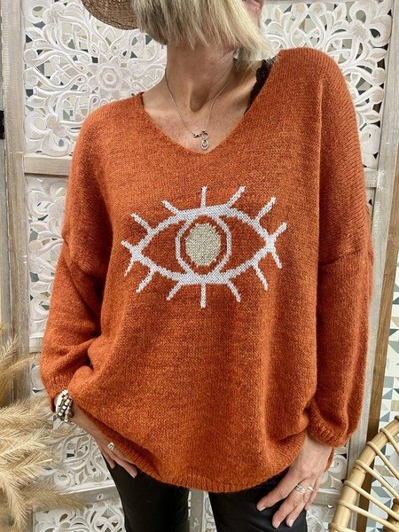 

Crew Neck Abstract Loosen Sweater, Orange, Sweaters