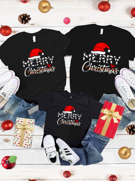 

Christmas print round neck short-sleeved cotton T-shirt, Black, T-shirts