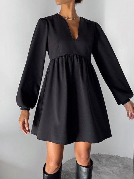 

V Neck Regular Fit Solid Elegant Dress, Black, Mini Dresses