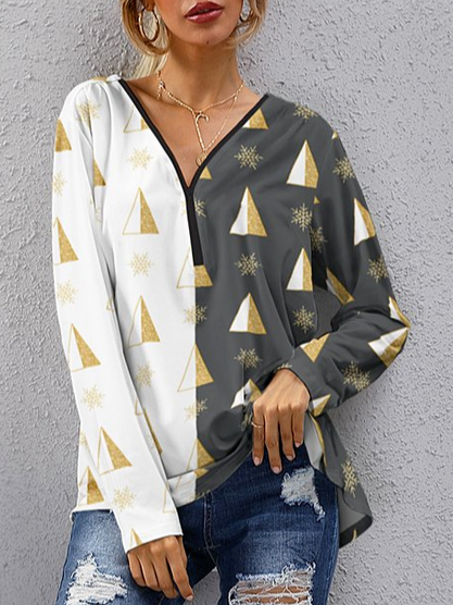 

V Neck Casual Loosen Shirts & Tops, Light gray, Long sleeve tops