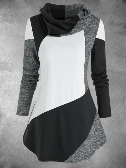 

Vintage Color-block Long Sleeves Cowl Neck Plus Size Casual Dresses, Multicolor, Mini Dresses