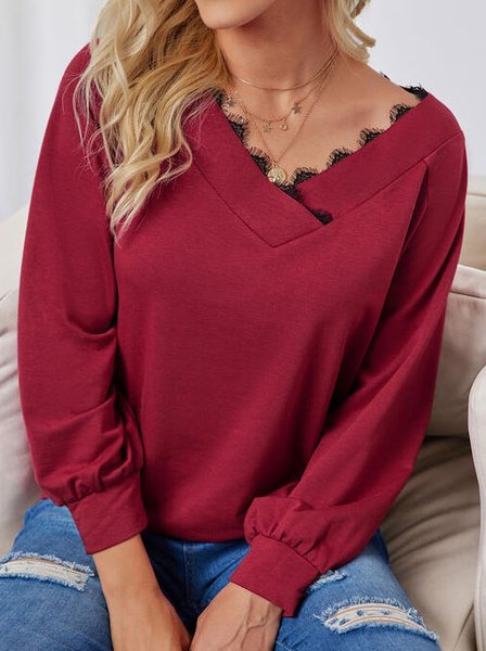 

V Neck Patchwork Lace Raglan Sleeve Loosen Sweatshirt, Datered, Sweatshirts & Hoodies
