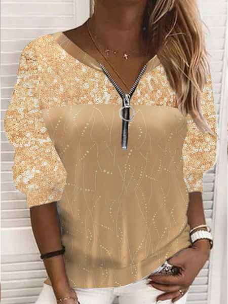

Long sleeve V-neck zipper loose geometric wave dot top T-shirt women, Yellow, Long sleeve tops