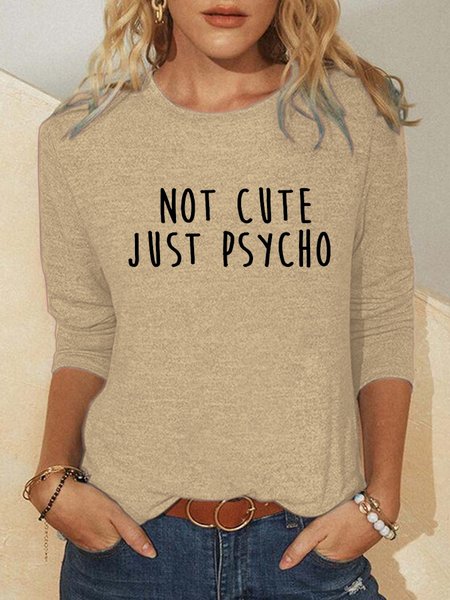 

Funny text print round neck long sleeve shirt, Khaki, Long sleeves