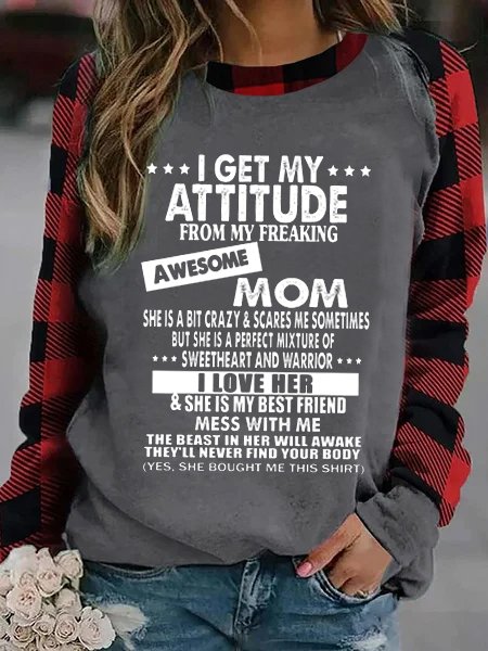 I Get A Awesome Mon Print Crew Neck Sweatshirts, Gray, Long sleeves