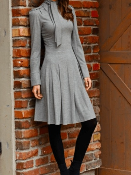 

Winter A-line Regular Fit Tie Neck Work Formal Date Dresses, Gray, Midi Dresses