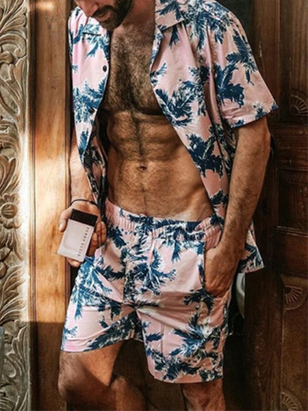 

Short Sleeve Leaves Pockets Suits, Pink, Men's sets