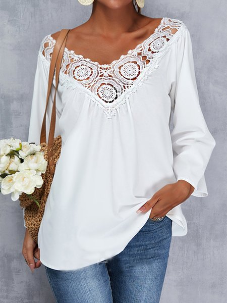 

Elegant Eyelet Lace Shirts & Tops, White, Long sleeve tops