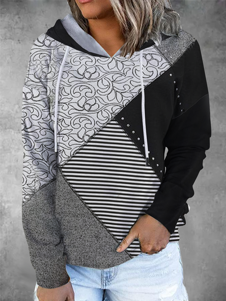 

Long sleeve round neck geometric loose Print Basic versatile top women's sweater, Black-white, Sweatshirts & Hoodies
