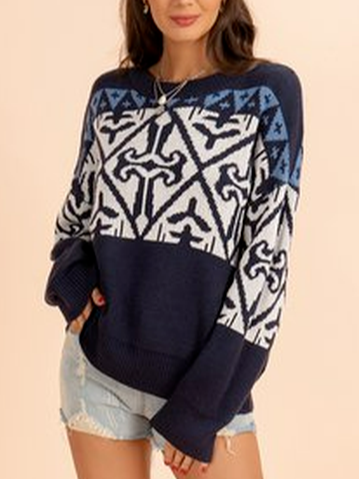 

V-neck blended long sleeve geometric jacquard wool, Navyblue, Sweaters