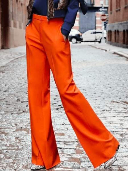 

Winter Solid Regular Slightly stretchy Fit Work Formal Pants, Orange red, Wide Leg Pants