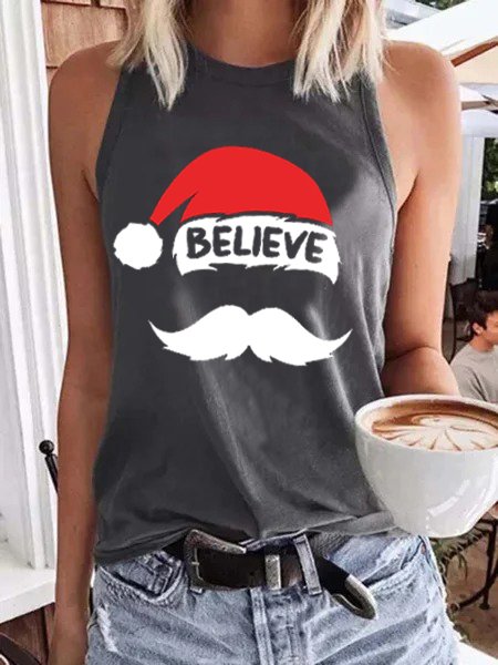 

Christmas Fun Print Crew Neck ests, Gray, Tank Tops